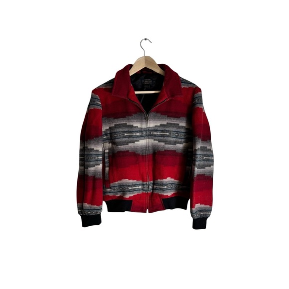 Pendleton Alamosa Wool Bomber Jacket Vintage Aztec Print Red Full Zip Mens Small - Picture 2 of 7